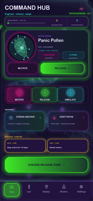 Command hub showing the active strain, mutation points and release controls