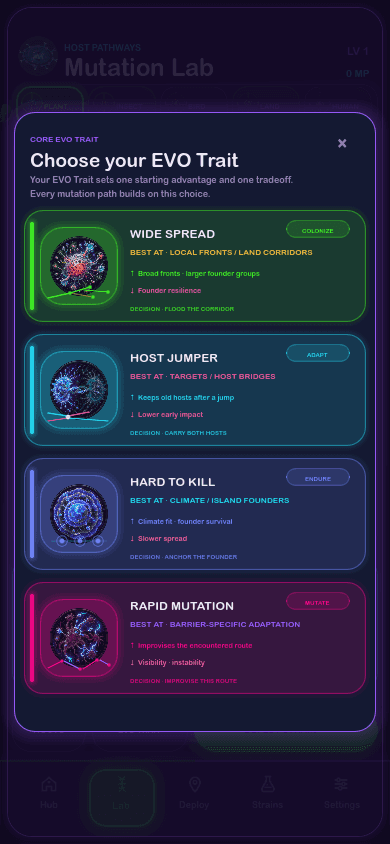 EVO trait selection screen comparing trait strengths and trade-offs